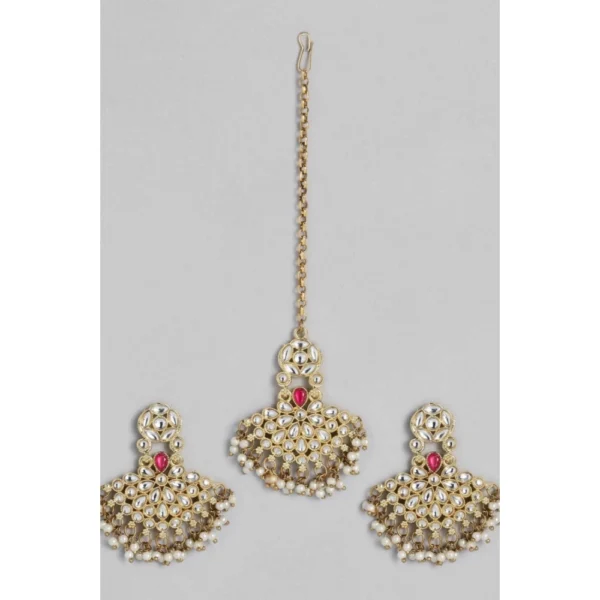 Generic Women's Rose Gold Plated Alloy Kundan Earrings & Mangtikka (White)